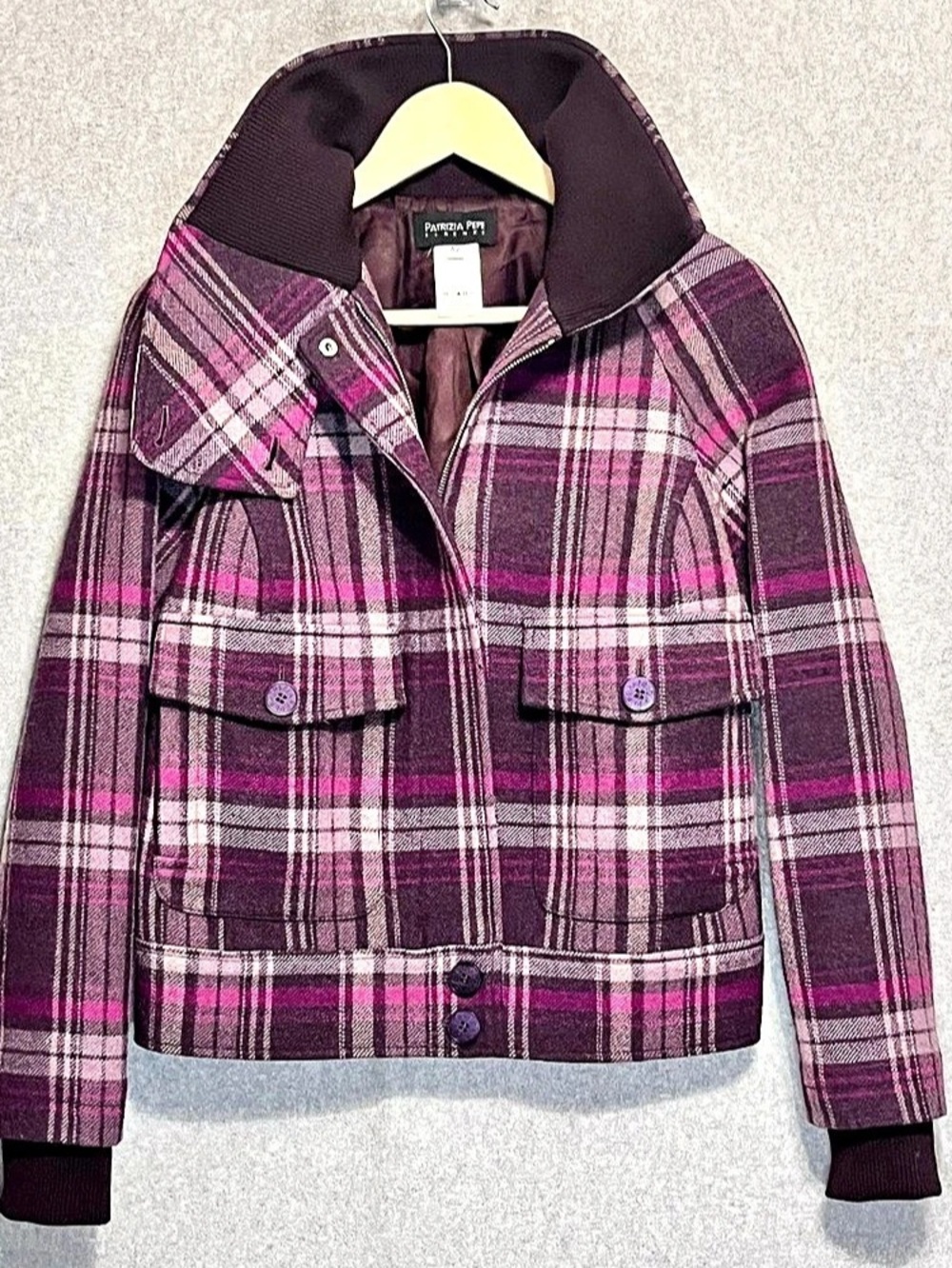 Y2K Plaid Wool Blend Bomber Jacket Asymmetrical Funnel Neck Purple Pink Womens M